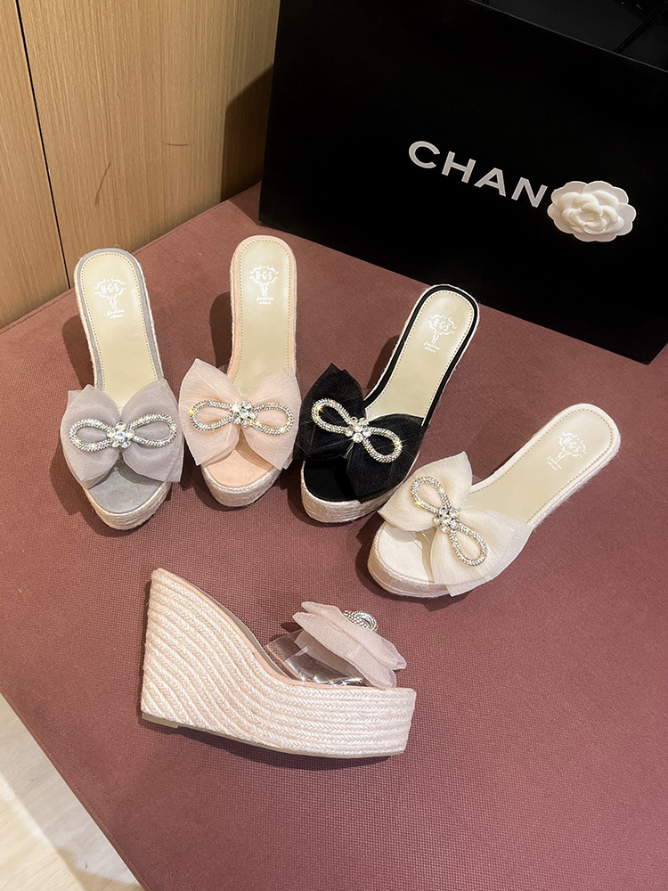 2023 New Bow Rhinestone Thick Sole Wedge Slippers for Women 10.5cm