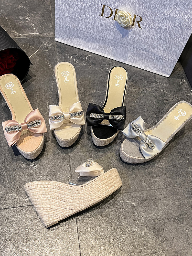 2024 New Fashion Rhinestone Bow Jute Sole High Heel Slippers for Women 10.5cm