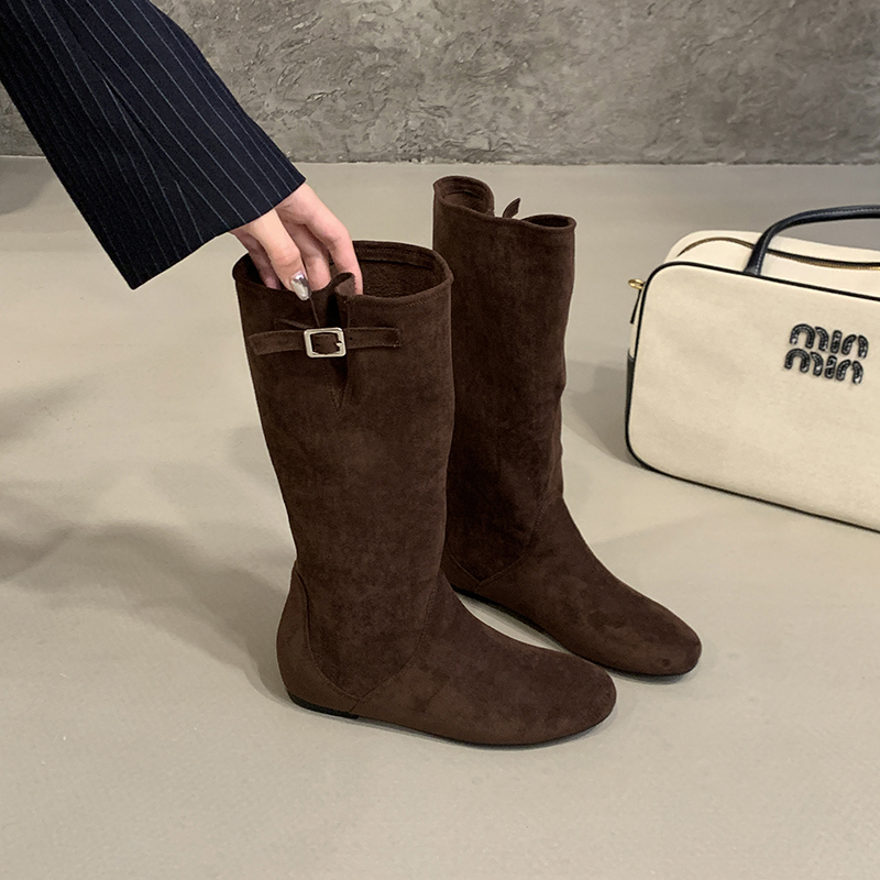 2025 Autumn Comfort Inner Height Increase Round Toe Mid Calf Boots Soft Suede Wide Shaft Slip On Boots Simple Versatile Outdoor Boots
