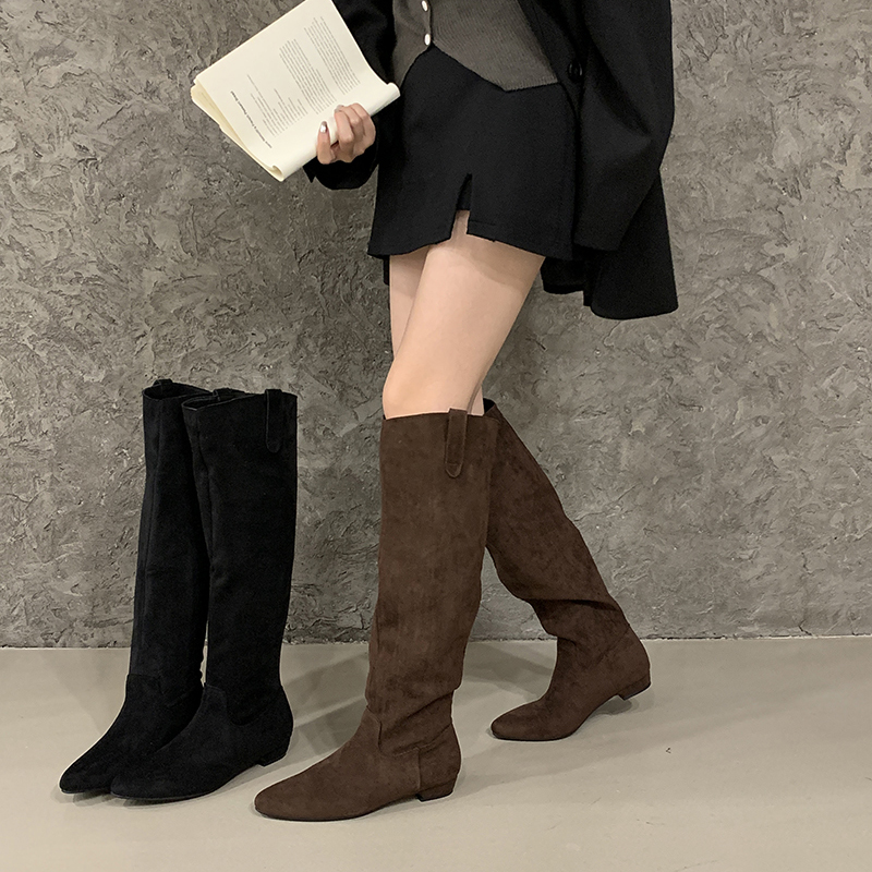 2025 Autumn High Quality Handmade Stacked Heel Boots Over Knee Pointed Toe Flat High Boots Suede Slim Riding Boots