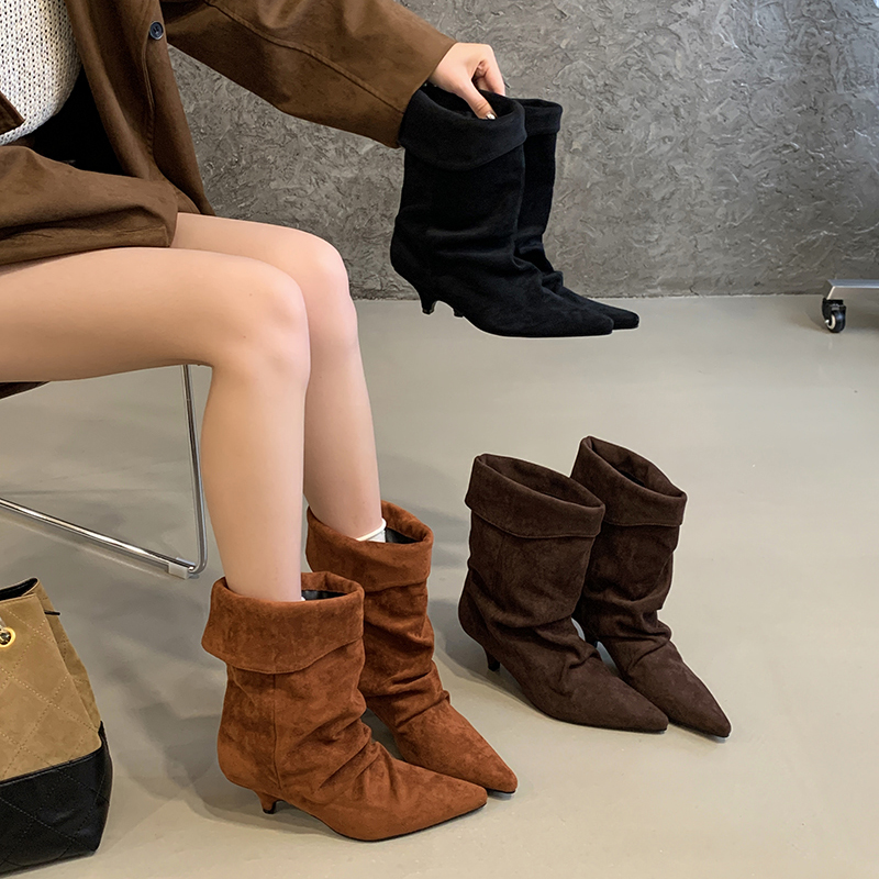 2025 Autumn Winter Fashion Pointed Toe Short Boots Simple Elegant Wedge Heel Solid Color Loose Fit Stacked Boots