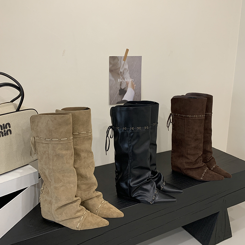 2025 New Korean Style Pointed Toe Hidden Wedge Boots Fashion Simple Wide Shaft Boots Solid Color High Boots