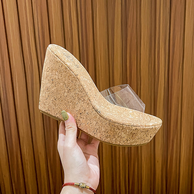 2026 New Transparent Wood Grain Leopard Print Thick Heel Wedge Sandals Slippers Women 10.5cm 34-40 - Image 2