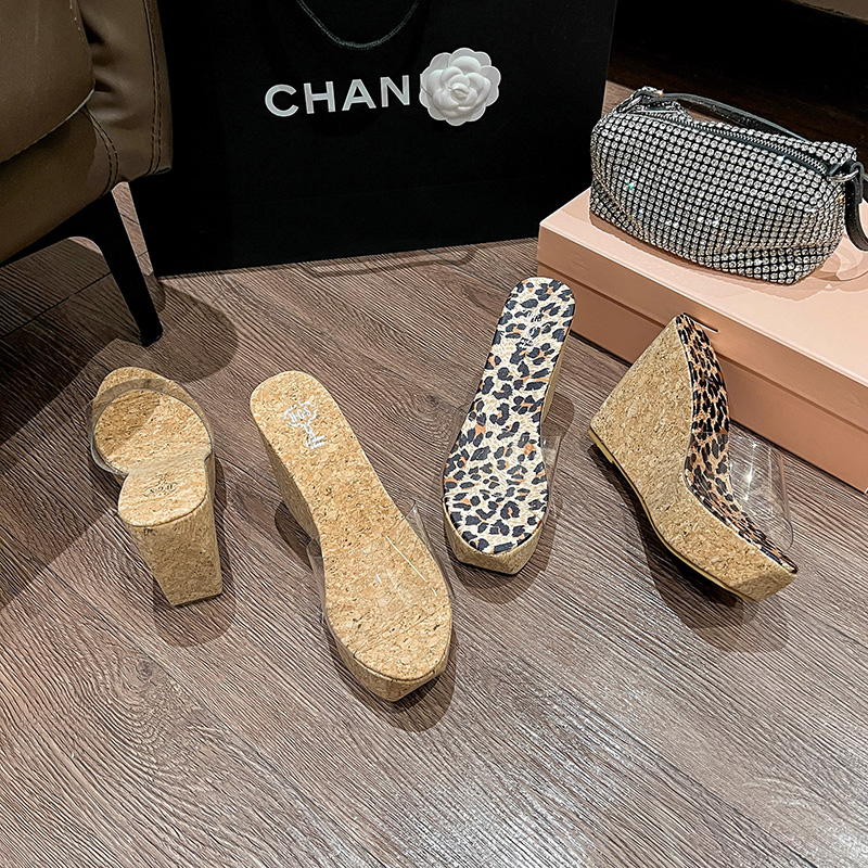 2026 New Transparent Wood Grain Leopard Print Thick Heel Wedge Sandals Slippers Women 10.5cm 34-40 - Image 5
