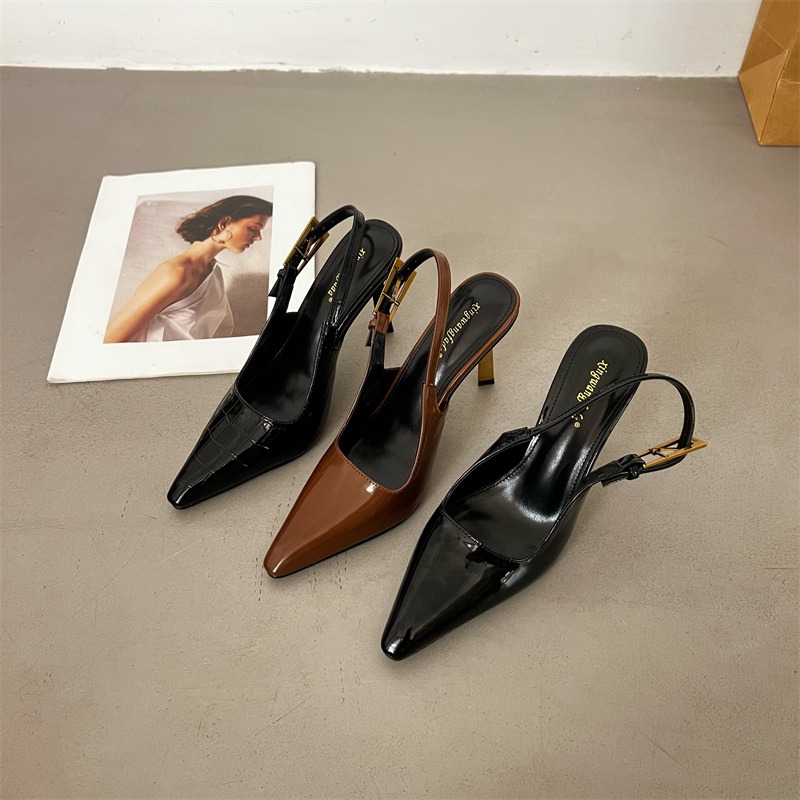 2026 Spring Summer New Women's High Heel Closed Toe Sandals Pointed Toe Black Patent Leather Elegant Versatile Shoes