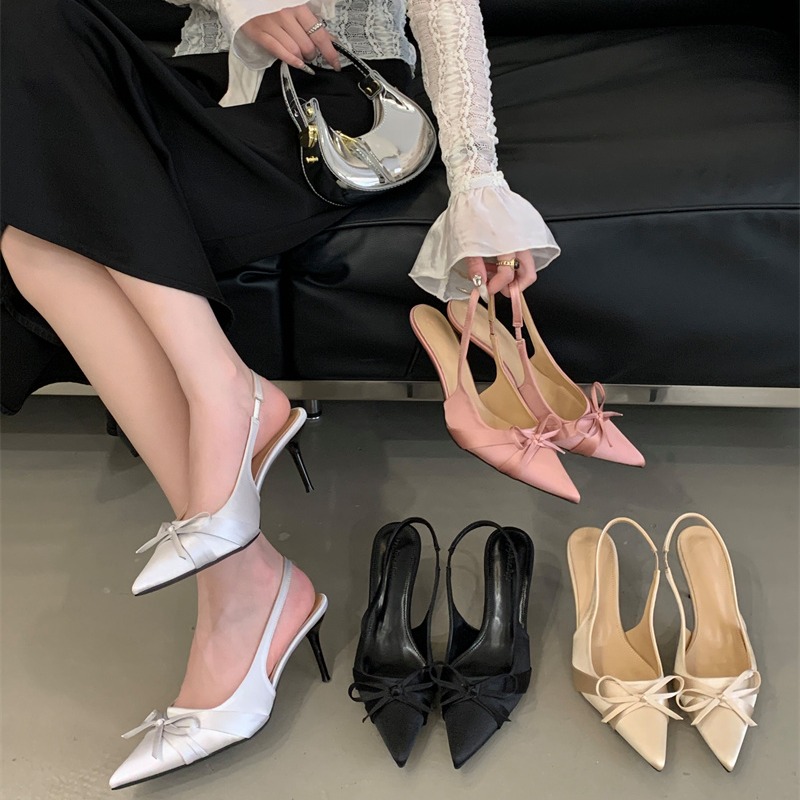 Beautiful 7 High Heels Women 2026 Spring Summer New Backless Pointed Toe Thin Heel Shallow Mouth Sexy Single Shoes Bow Sandals