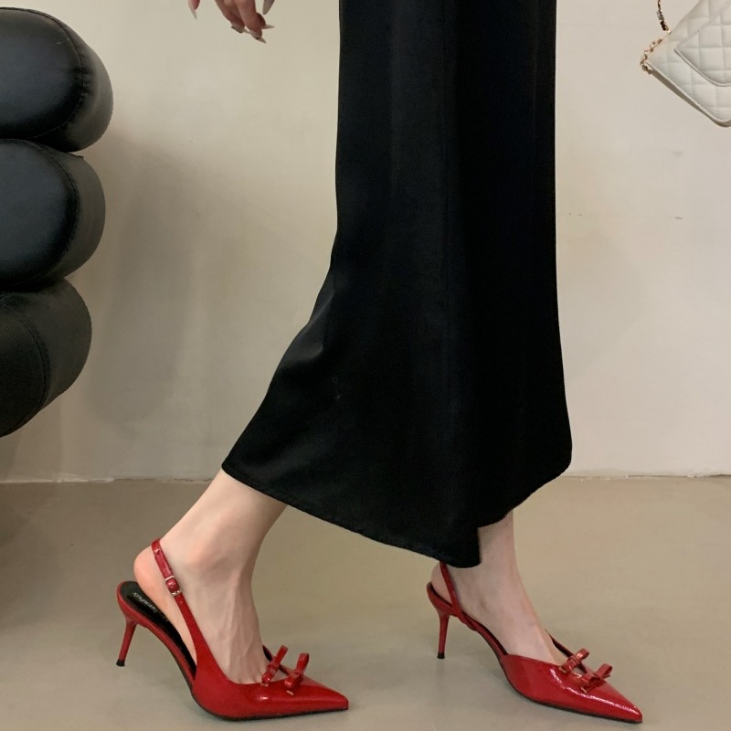 Black Bow Design Patent Leather One-Strap Buckle Sandals for Women Summer - Image 2