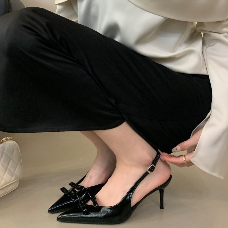 Black Bow Design Patent Leather One-Strap Buckle Sandals for Women Summer - Image 3