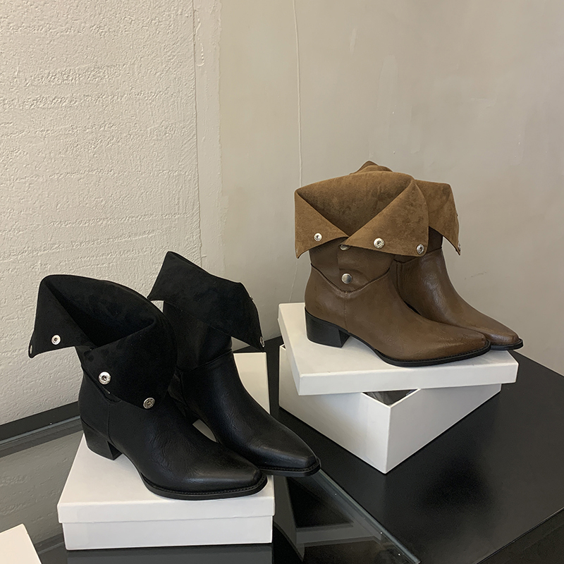 European American Style Comfortable Chunky Heel Western Boots Fashion Two-Way Pointed Toe Short Boots Minimalist Elegant Sleeve Boots