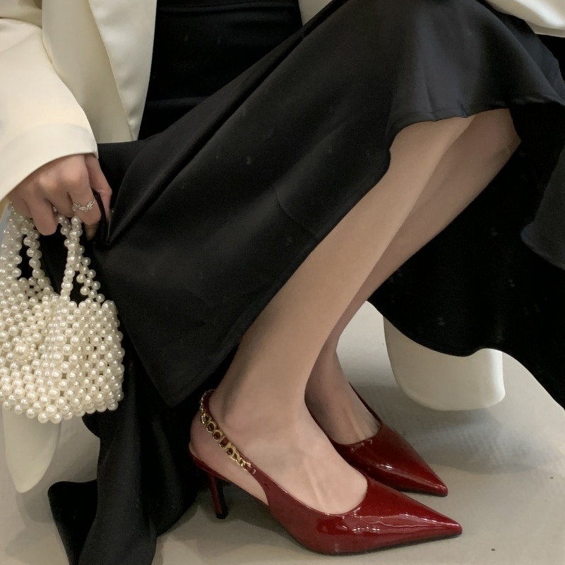 French Style Back Strap Stiletto Heels Women's Open Toe Pointed Toe Wine Red Patent Leather Closed Toe Sandals - Image 2