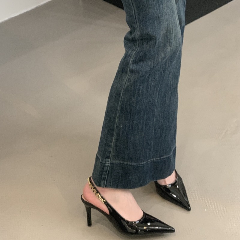 French Style Back Strap Stiletto Heels Women's Open Toe Pointed Toe Wine Red Patent Leather Closed Toe Sandals - Image 3