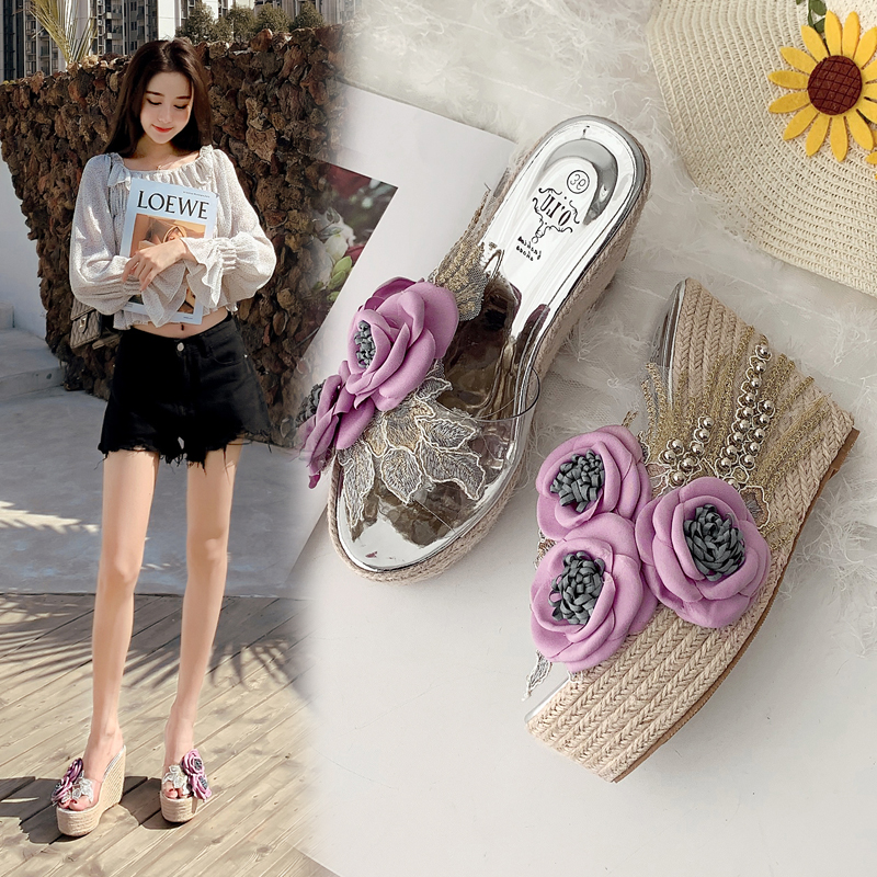 New Rope Woven Platform Sandals with Flower Transparent Waterproof Wedge Heel Women's Shoes - Image 2