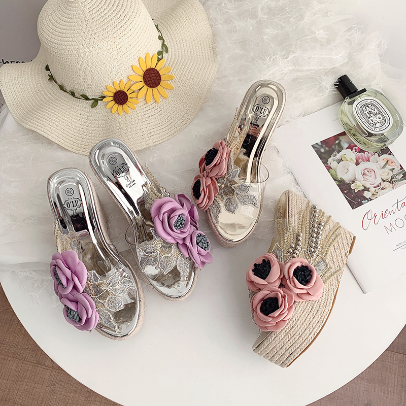 New Rope Woven Platform Sandals with Flower Transparent Waterproof Wedge Heel Women's Shoes - Image 3