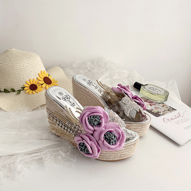 New Rope Woven Platform Sandals with Flower Transparent Waterproof Wedge Heel Women's Shoes - Image 4