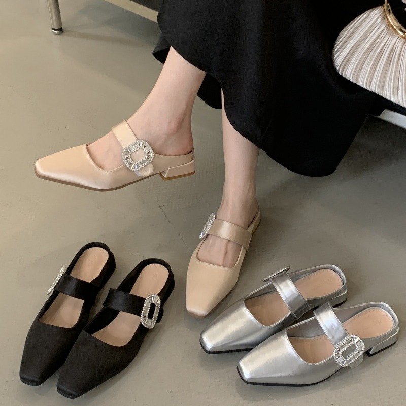 New Sparkle Buckle Wide Strap Square Toe Low Heel Women's Slippers