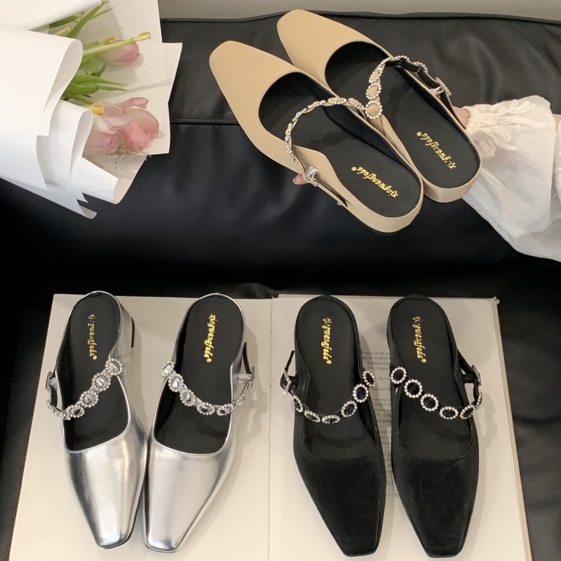 Sheepskin 4cm Hidden Wedge Square Toe Strap Covered Toe Sandals with Rhinestones Silver Fashion Comfortable Slippers