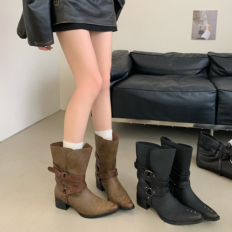 Vintage Western Boots for Women Pointed Toe Mid Heel Comfortable Pull-On Short Boots 2025 Fall Slim Wide Shaft
