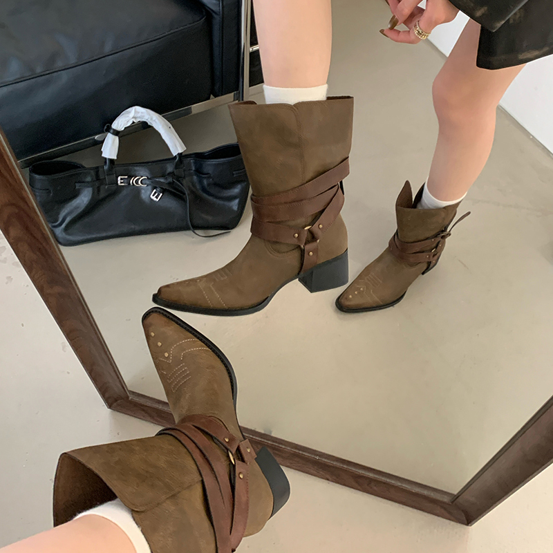 Vintage Western Boots for Women Pointed Toe Mid Heel Comfortable Pull-On Short Boots 2025 Fall Slim Wide Shaft - Image 2