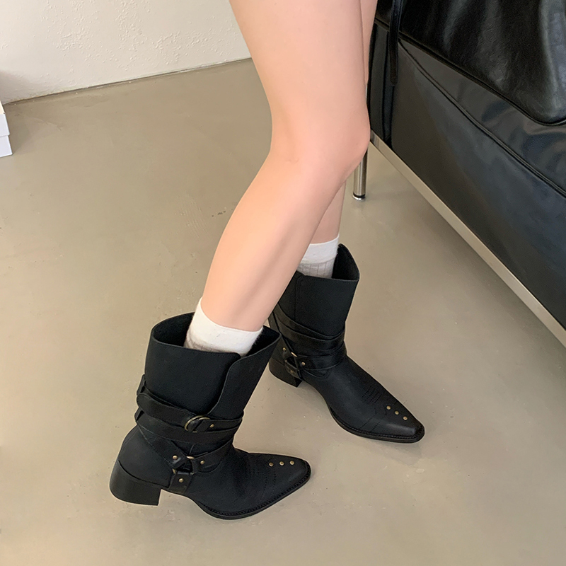 Vintage Western Boots for Women Pointed Toe Mid Heel Comfortable Pull-On Short Boots 2025 Fall Slim Wide Shaft - Image 3