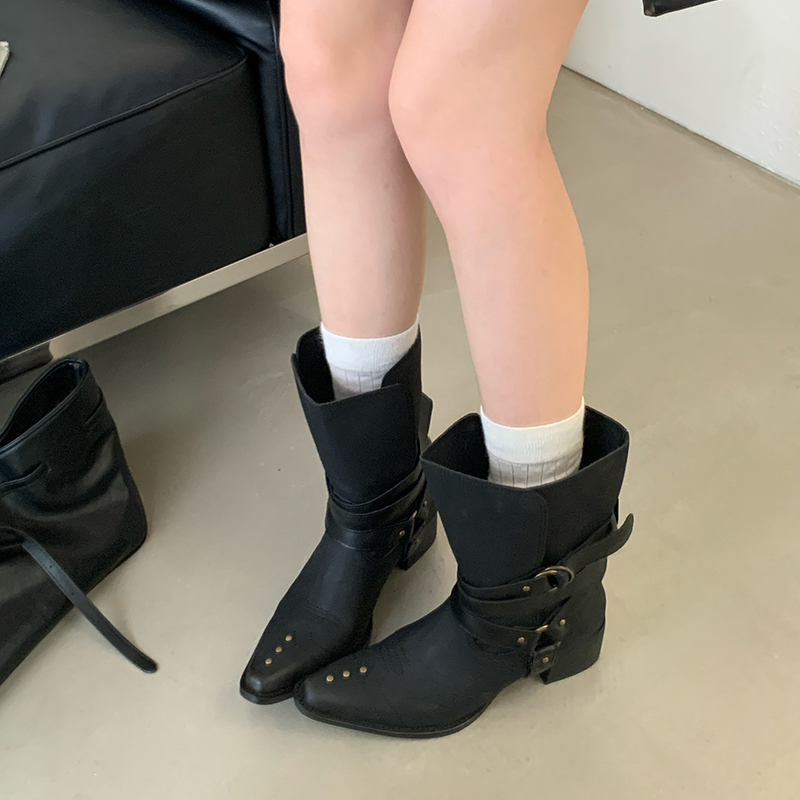Vintage Western Boots for Women Pointed Toe Mid Heel Comfortable Pull-On Short Boots 2025 Fall Slim Wide Shaft - Image 4