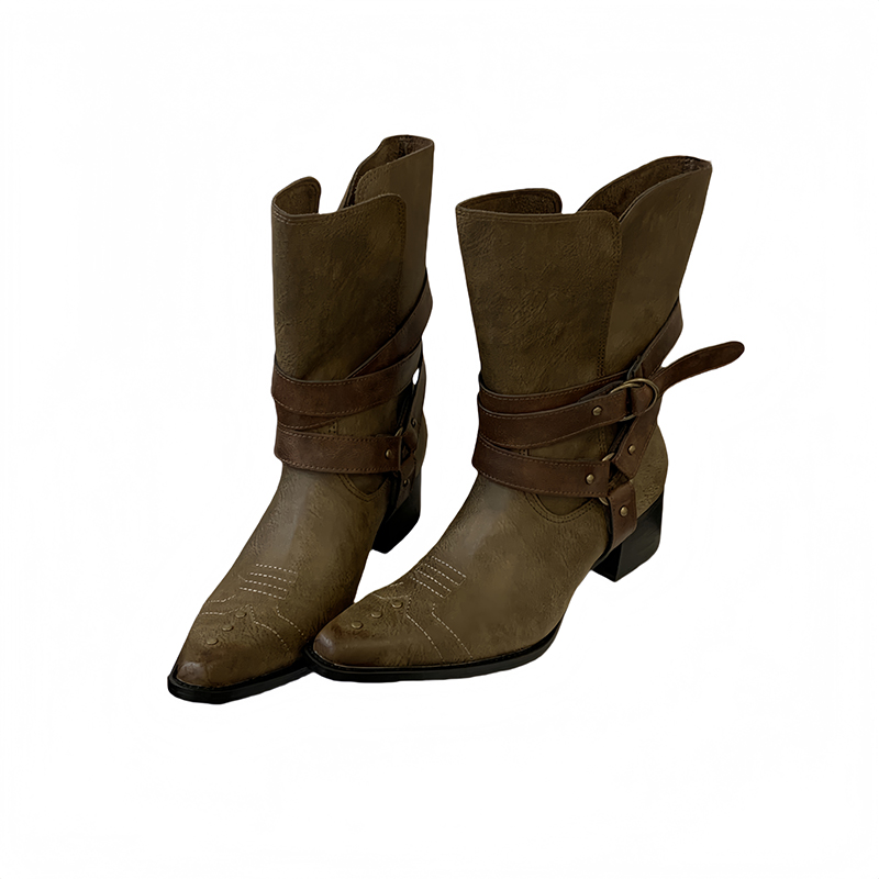 Vintage Western Boots for Women Pointed Toe Mid Heel Comfortable Pull-On Short Boots 2025 Fall Slim Wide Shaft - Image 5